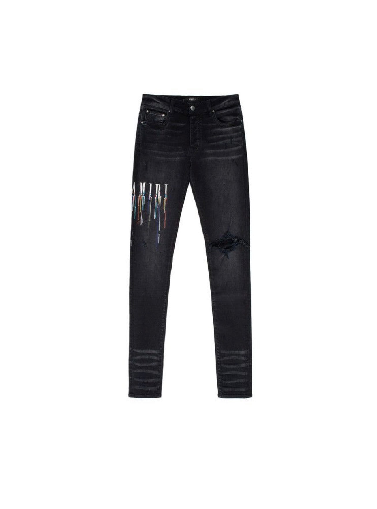AMIRI Black Paint Drip Logo Distressed Skinny Jeans