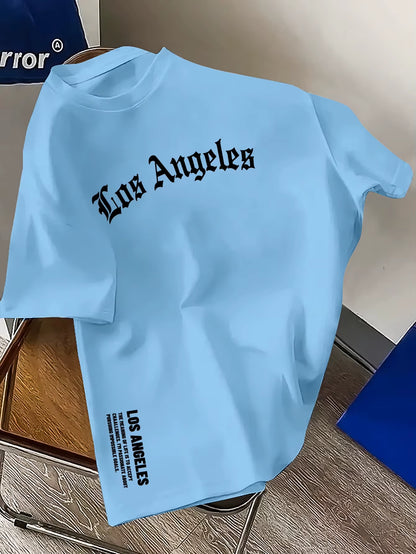 Men's 100% Cotton Casual Round Neck T-Shirt with Trendy Los Angeles Print for Spring and Summer Wear