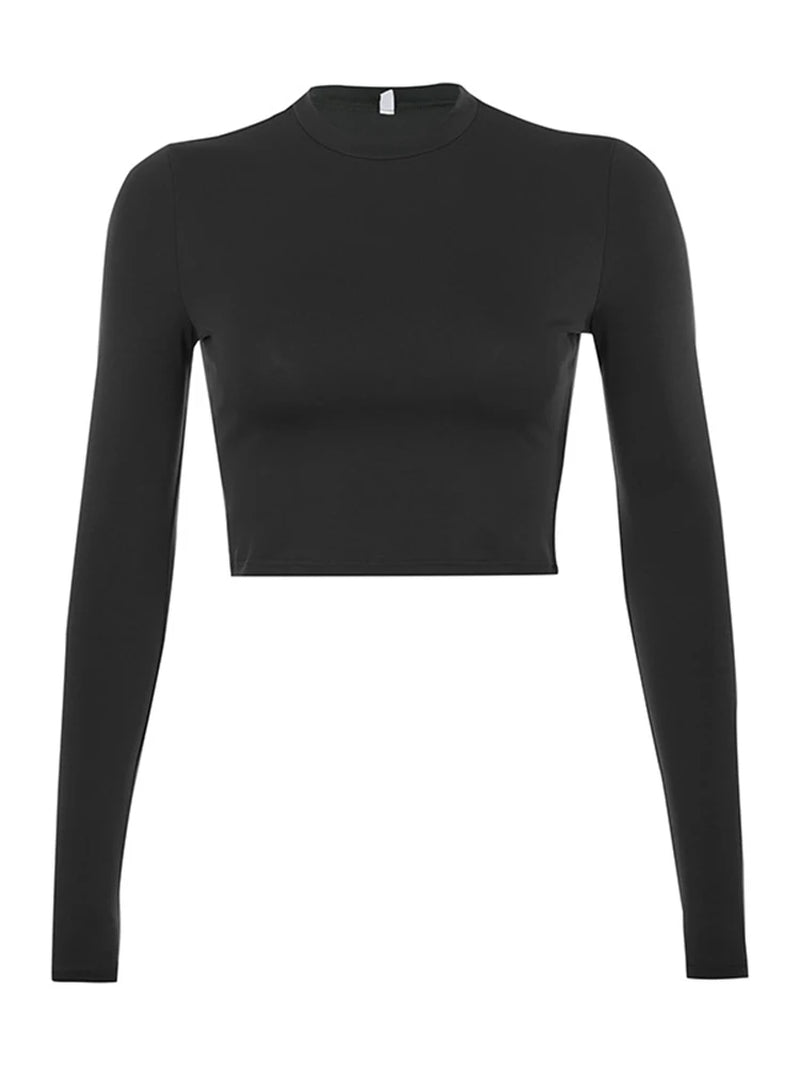Women's Solid Long Sleeve Casual Crop Top - Black and White Fashion Tee, Korean Style