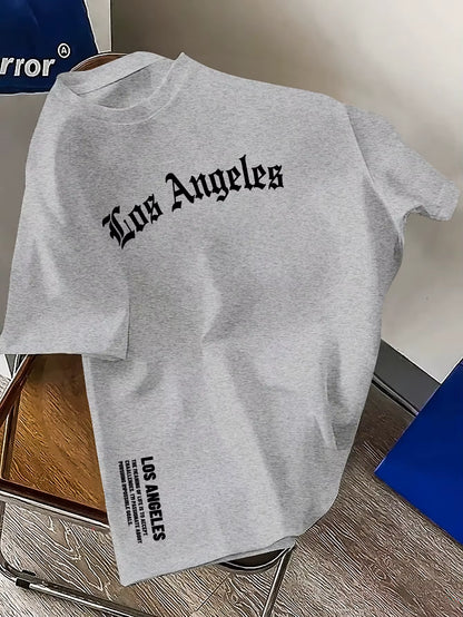 Men's 100% Cotton Casual Round Neck T-Shirt with Trendy Los Angeles Print for Spring and Summer Wear