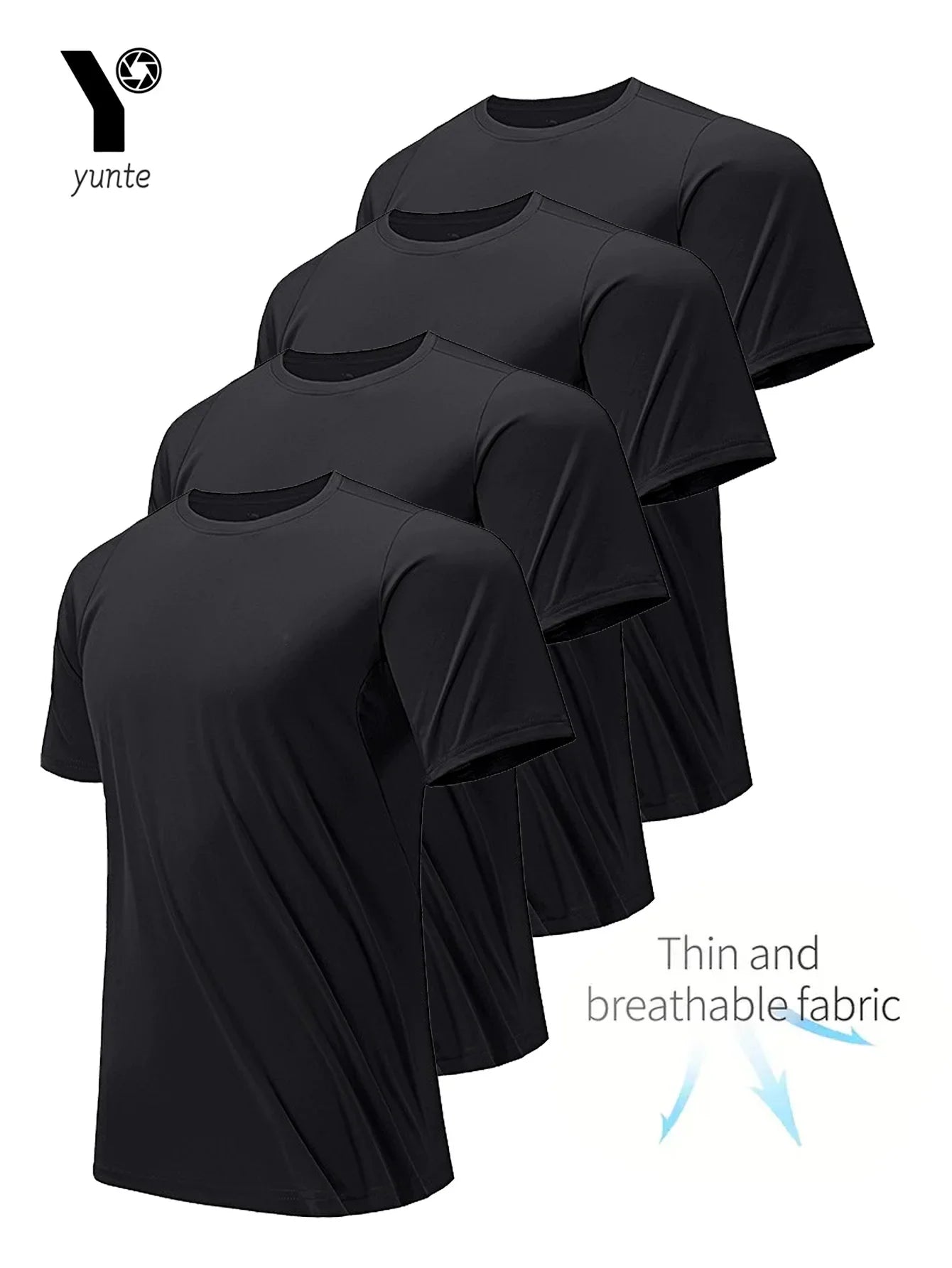 Round Neck T-Shirt 4-Pack Black Ultra-Light Men'S Quick Drying Breathable Sweat-Absorbent Shirt Suitable for Fitness Gym and Run