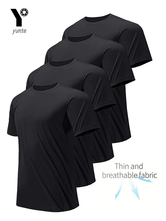 Round Neck T-Shirt 4-Pack Black Ultra-Light Men'S Quick Drying Breathable Sweat-Absorbent Shirt Suitable for Fitness Gym and Run
