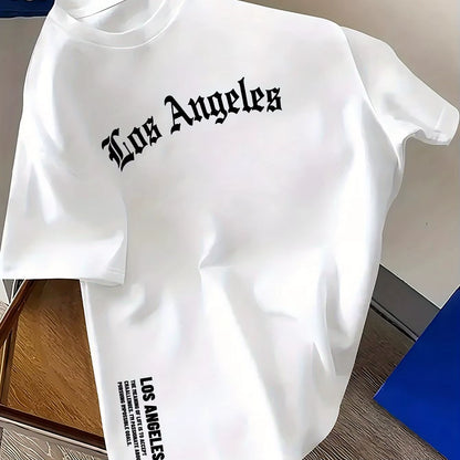Men's 100% Cotton Casual Round Neck T-Shirt with Trendy Los Angeles Print for Spring and Summer Wear
